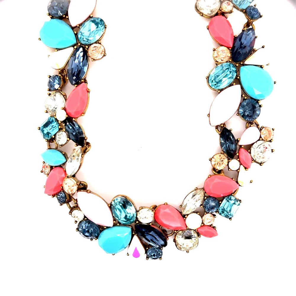 J.Crew Multi Color Crystal Statement Necklace Gold Tone Pink Blue Bib 18-20in
